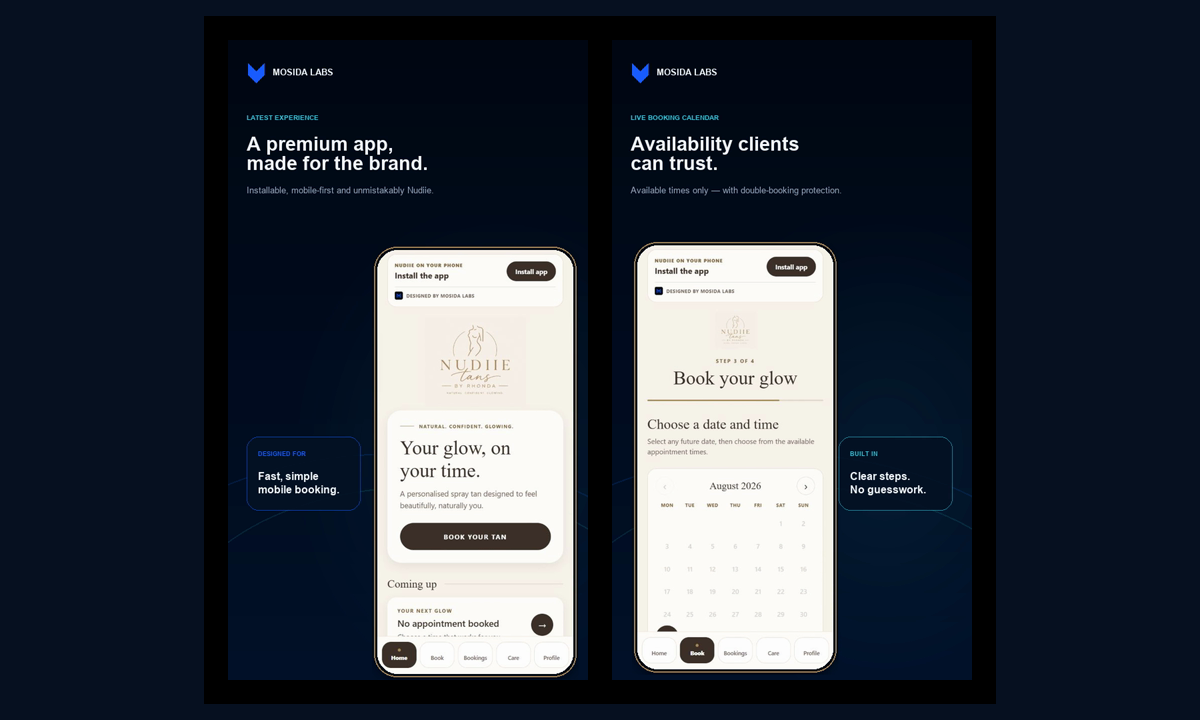 Nudiie Tans mobile booking application shown across two phone screens